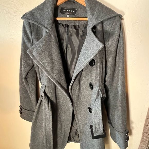 Giacca Wool Blend coat Belted Short Driving  StyleTrench Charcoal Gray size M - Picture 7 of 11